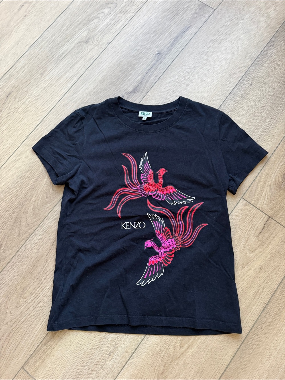 Kenzo Black Tee with Pink & Red Phoenix Motif